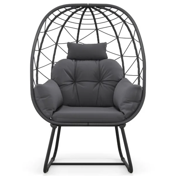 Fauteuil œuf en Rotin pour Patio Chaise Longue Surdimensionnée avec Coussin Amovible Oreiller & Support en Métal Beige/Gris