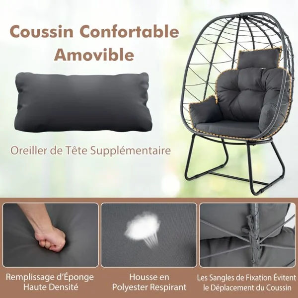 Fauteuil œuf en Rotin pour Patio Chaise Longue Surdimensionnée avec Coussin Amovible Oreiller & Support en Métal Beige/Gris