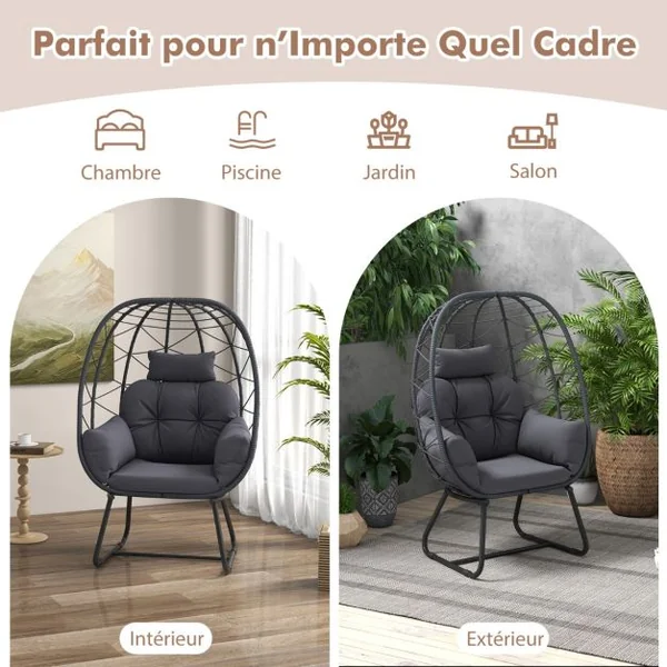 Fauteuil œuf en Rotin pour Patio Chaise Longue Surdimensionnée avec Coussin Amovible Oreiller & Support en Métal Beige/Gris