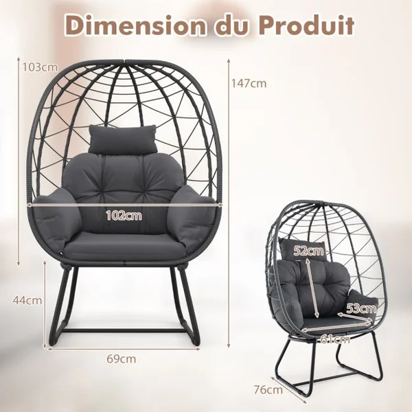 Fauteuil œuf en Rotin pour Patio Chaise Longue Surdimensionnée avec Coussin Amovible Oreiller & Support en Métal Beige/Gris