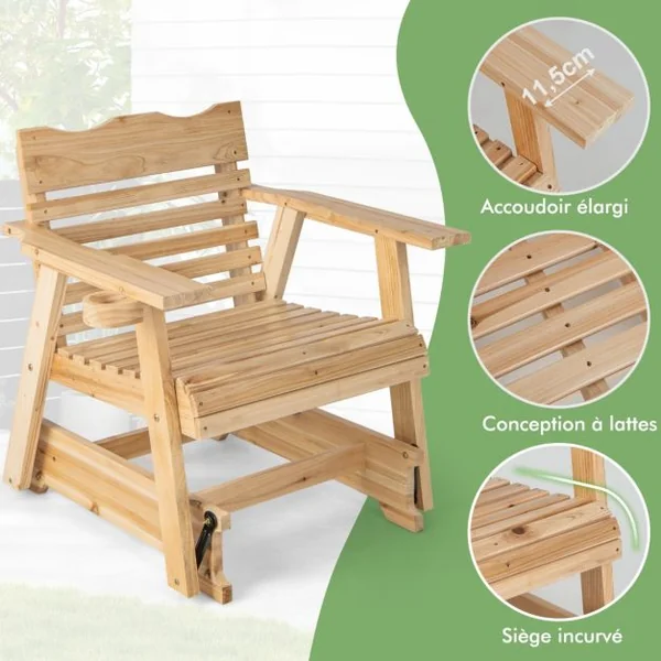 Fauteuil/Chaise à Bascule en Bois de Sapin avec Porte-gobelet Rotatif Accoudoirs Élargis et Siège Incurvé Charge 150kg