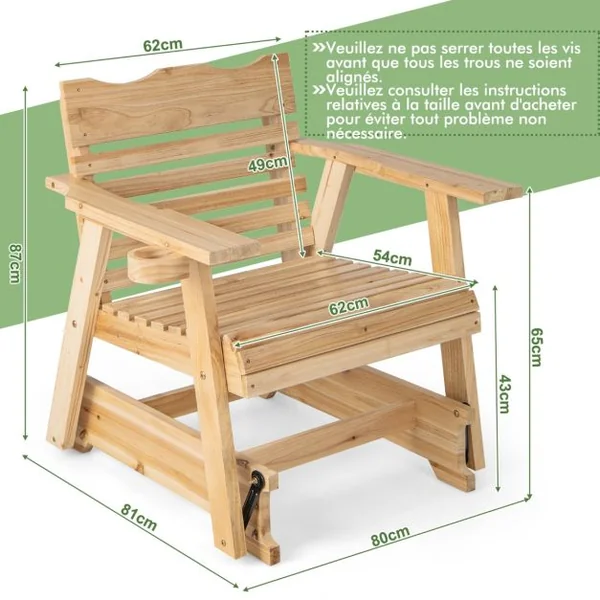 Fauteuil/Chaise à Bascule en Bois de Sapin avec Porte-gobelet Rotatif Accoudoirs Élargis et Siège Incurvé Charge 150kg