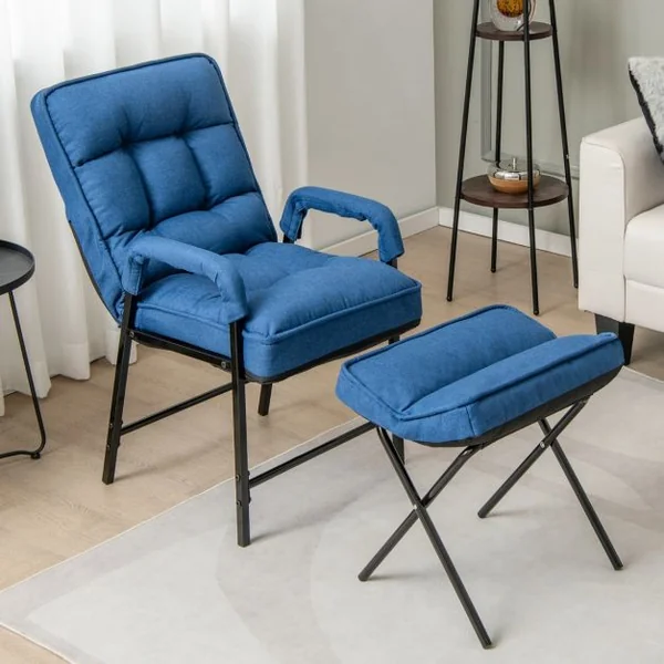 Fauteuils de Salon avec Repose-pieds Chaise d'Appoint Moderne en Tissu de Lin avec Dossier Réglable 5 Niveaux Chaise de Relaxation pour Chambre Salon Bureau Bleu