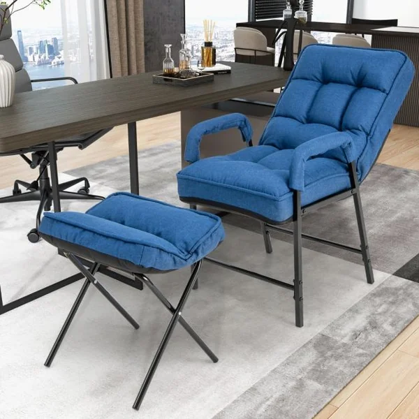 Fauteuils de Salon avec Repose-pieds Chaise d'Appoint Moderne en Tissu de Lin avec Dossier Réglable 5 Niveaux Chaise de Relaxation pour Chambre Salon Bureau Bleu