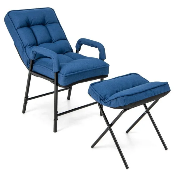 Fauteuils de Salon avec Repose-pieds Chaise d'Appoint Moderne en Tissu de Lin avec Dossier Réglable 5 Niveaux Chaise de Relaxation pour Chambre Salon Bureau Bleu