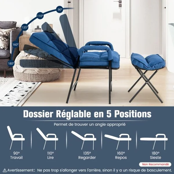 Fauteuils de Salon avec Repose-pieds Chaise d'Appoint Moderne en Tissu de Lin avec Dossier Réglable 5 Niveaux Chaise de Relaxation pour Chambre Salon Bureau Bleu