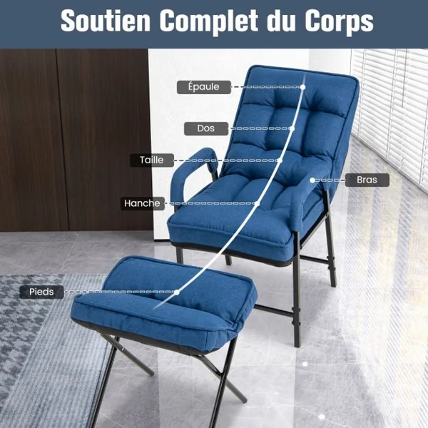 Fauteuils de Salon avec Repose-pieds Chaise d'Appoint Moderne en Tissu de Lin avec Dossier Réglable 5 Niveaux Chaise de Relaxation pour Chambre Salon Bureau Bleu