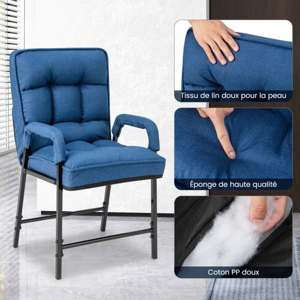 Fauteuils de Salon avec Repose-pieds Chaise d'Appoint Moderne en Tissu de Lin avec Dossier Réglable 5 Niveaux Chaise de Relaxation pour Chambre Salon Bureau Bleu