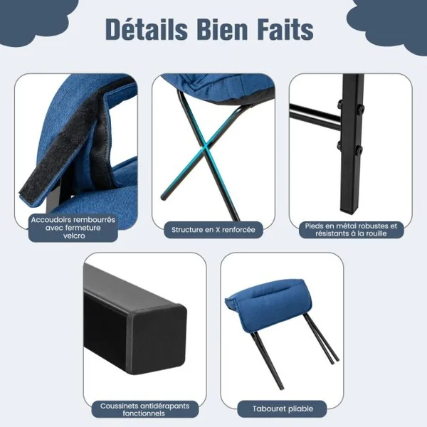 Fauteuils de Salon avec Repose-pieds Chaise d'Appoint Moderne en Tissu de Lin avec Dossier Réglable 5 Niveaux Chaise de Relaxation pour Chambre Salon Bureau Bleu