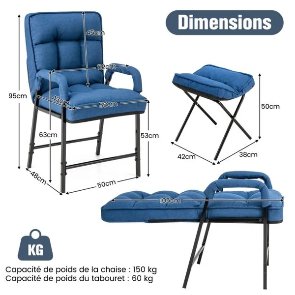 Fauteuils de Salon avec Repose-pieds Chaise d'Appoint Moderne en Tissu de Lin avec Dossier Réglable 5 Niveaux Chaise de Relaxation pour Chambre Salon Bureau Bleu