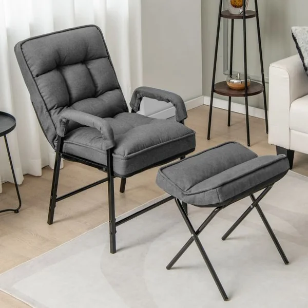 Fauteuils de Salon avec Repose-pieds Chaise d'Appoint Moderne en Tissu de Lin avec Dossier Réglable 5 Niveaux Chaise de Relaxation pour Chambre Salon Bureau Gris