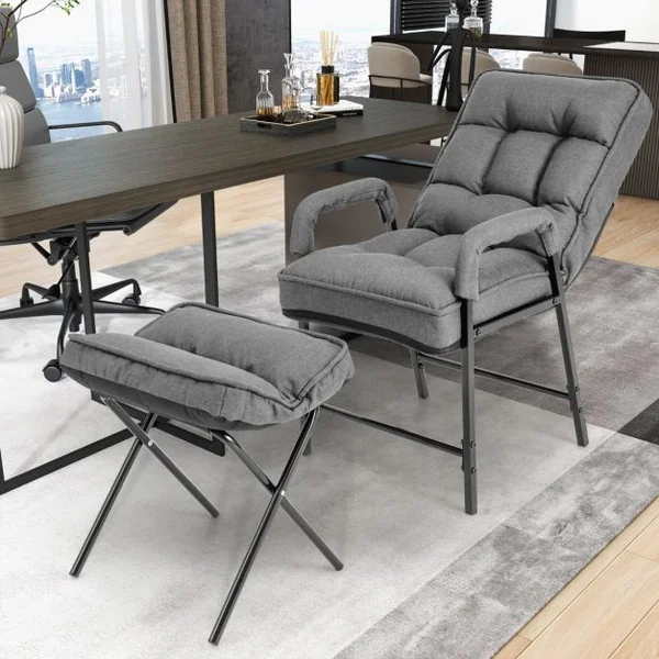 Fauteuils de Salon avec Repose-pieds Chaise d'Appoint Moderne en Tissu de Lin avec Dossier Réglable 5 Niveaux Chaise de Relaxation pour Chambre Salon Bureau Gris