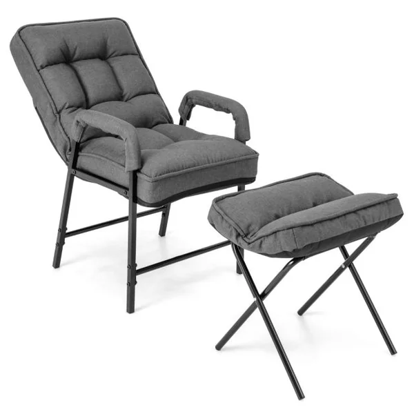 Fauteuils de Salon avec Repose-pieds Chaise d'Appoint Moderne en Tissu de Lin avec Dossier Réglable 5 Niveaux Chaise de Relaxation pour Chambre Salon Bureau Gris