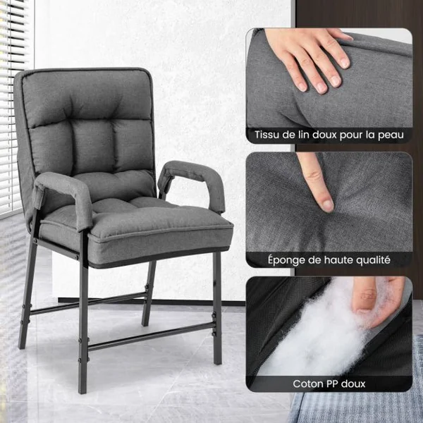 Fauteuils de Salon avec Repose-pieds Chaise d'Appoint Moderne en Tissu de Lin avec Dossier Réglable 5 Niveaux Chaise de Relaxation pour Chambre Salon Bureau Gris