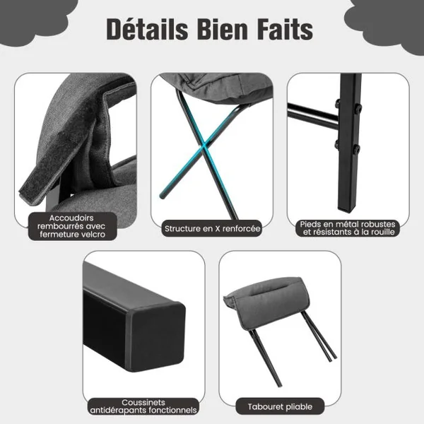 Fauteuils de Salon avec Repose-pieds Chaise d'Appoint Moderne en Tissu de Lin avec Dossier Réglable 5 Niveaux Chaise de Relaxation pour Chambre Salon Bureau Gris