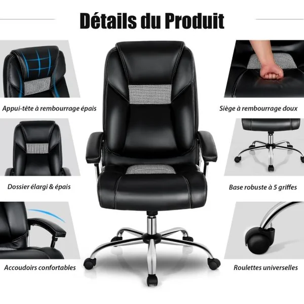 Fauteuilà Bascule Pivotante en Similicuir Ultra Souple Hauteur Réglable Base Galvanisée Robuste Noir