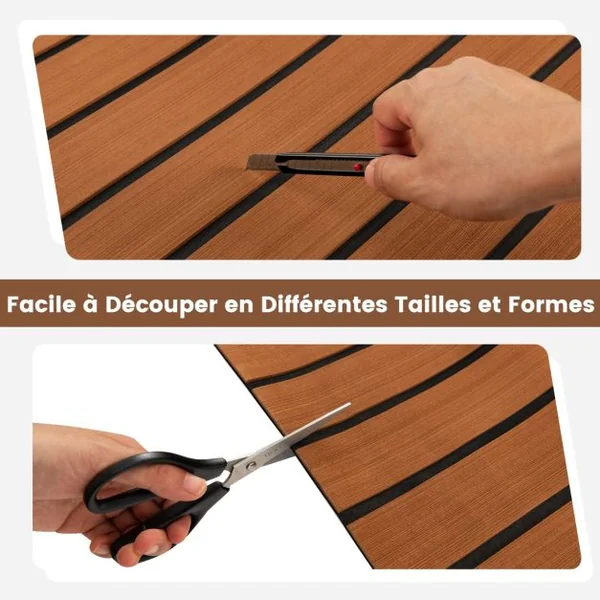 Faux Teck Pont en EVA Mousse de Bateau 240 x 90 CM, ÉPAIS 6 mm Tapis de Sol Marine Auto-Adhésif Antidérapant Brun