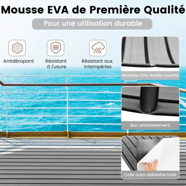 Faux Teck Pont en EVA Mousse de Bateau 240 x 90 CM, ÉPAIS 6 mm Tapis de Sol Marine Auto-Adhésif Antidérapant Gris