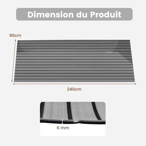 Faux Teck Pont en EVA Mousse de Bateau 240 x 90 CM, ÉPAIS 6 mm Tapis de Sol Marine Auto-Adhésif Antidérapant Gris