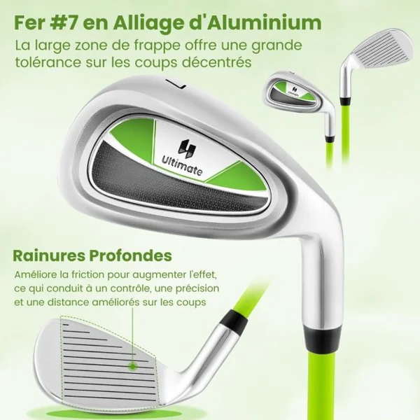 Fer de Club de Golf N° 7 pour 8-10 Ans Club Individuel en Or avec Manche en Fibre de Verre et Couvre-club Club de Golf d'Entraînement Vert