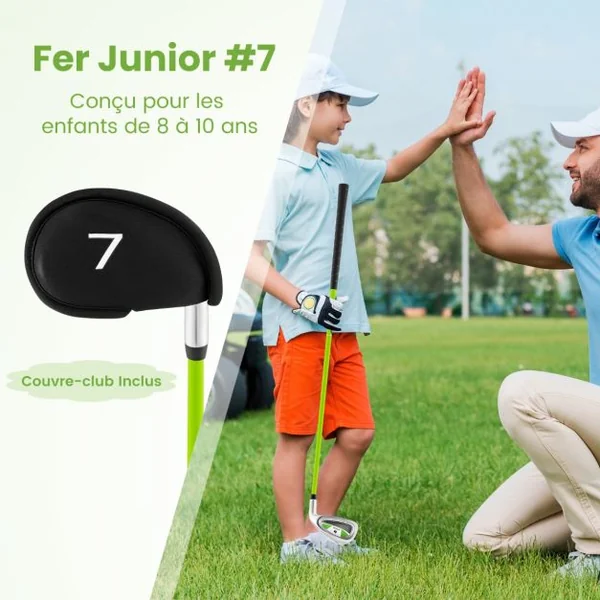 Fer de Club de Golf N° 7 pour 8-10 Ans Club Individuel en Or avec Manche en Fibre de Verre et Couvre-club Club de Golf d'Entraînement Vert