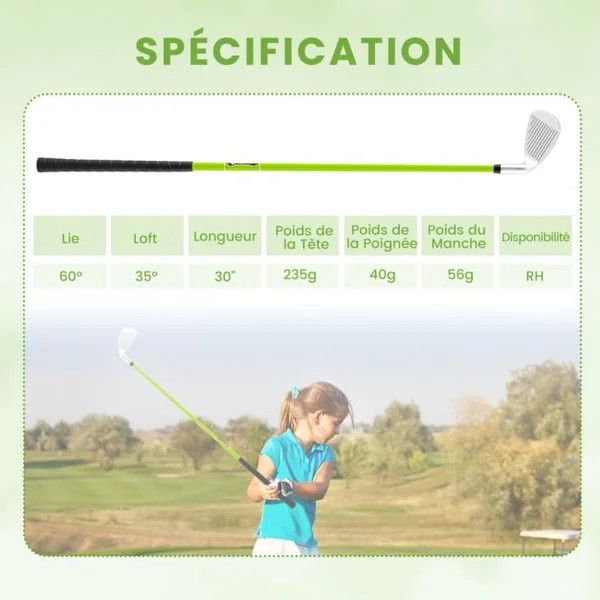 Fer de Club de Golf N° 7 pour 8-10 Ans Club Individuel en Or avec Manche en Fibre de Verre et Couvre-club Club de Golf d'Entraînement Vert