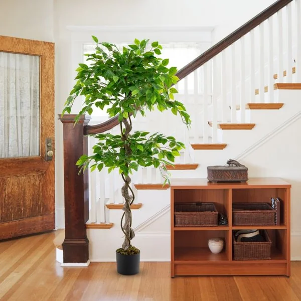 Ficus Artificiel de 150 Cm Grande Plante D'intérieur Artificielle avec 882 Feuilles Tronc Réaliste Mousse Séchée Pot Rempli de Ciment pour Salon Vert
