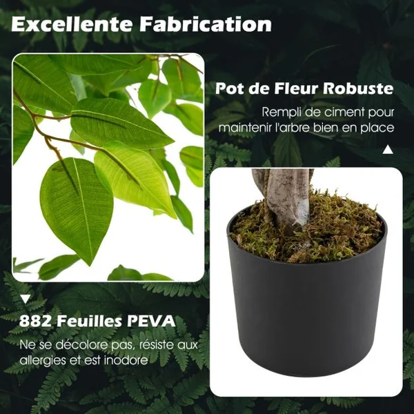 Ficus Artificiel de 150 Cm Grande Plante D'intérieur Artificielle avec 882 Feuilles Tronc Réaliste Mousse Séchée Pot Rempli de Ciment pour Salon Vert