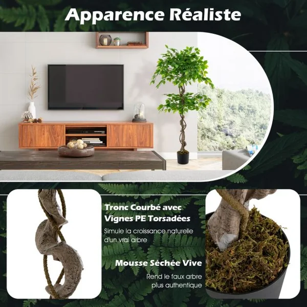 Ficus Artificiel de 150 Cm Grande Plante D'intérieur Artificielle avec 882 Feuilles Tronc Réaliste Mousse Séchée Pot Rempli de Ciment pour Salon Vert