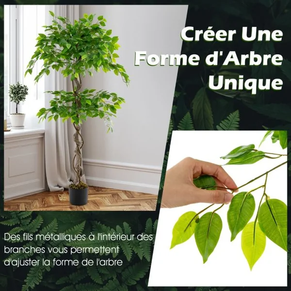 Ficus Artificiel de 150 Cm Grande Plante D'intérieur Artificielle avec 882 Feuilles Tronc Réaliste Mousse Séchée Pot Rempli de Ciment pour Salon Vert