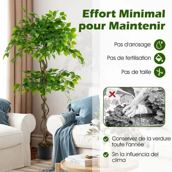 Ficus Artificiel de 150 Cm Grande Plante D'intérieur Artificielle avec 882 Feuilles Tronc Réaliste Mousse Séchée Pot Rempli de Ciment pour Salon Vert