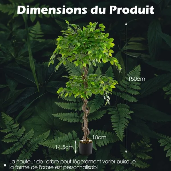 Ficus Artificiel de 150 Cm Grande Plante D'intérieur Artificielle avec 882 Feuilles Tronc Réaliste Mousse Séchée Pot Rempli de Ciment pour Salon Vert