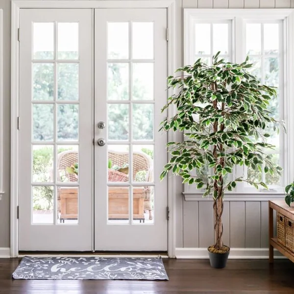 Ficus Artificiel de 160 Cm Grande Plante D'Intérieur avec 1008 Feuilles Tronc en Bois Naturel Pot Rempli de Ciment Mousse Séchée Faux Arbre Décoratif Vert