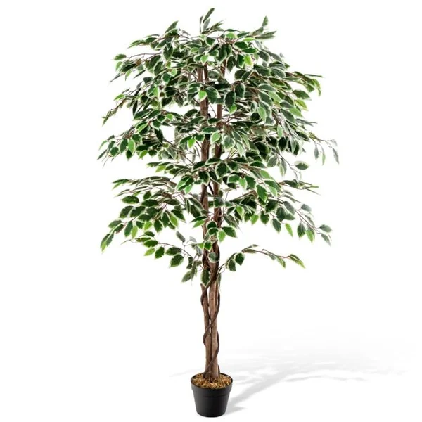 Ficus Artificiel de 160 Cm Grande Plante D'Intérieur avec 1008 Feuilles Tronc en Bois Naturel Pot Rempli de Ciment Mousse Séchée Faux Arbre Décoratif Vert