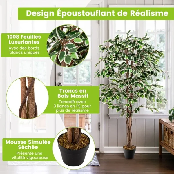 Ficus Artificiel de 160 Cm Grande Plante D'Intérieur avec 1008 Feuilles Tronc en Bois Naturel Pot Rempli de Ciment Mousse Séchée Faux Arbre Décoratif Vert