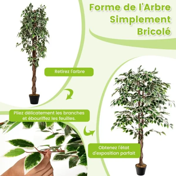 Ficus Artificiel de 160 Cm Grande Plante D'Intérieur avec 1008 Feuilles Tronc en Bois Naturel Pot Rempli de Ciment Mousse Séchée Faux Arbre Décoratif Vert