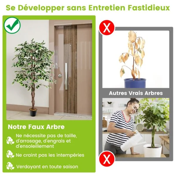 Ficus Artificiel de 160 Cm Grande Plante D'Intérieur avec 1008 Feuilles Tronc en Bois Naturel Pot Rempli de Ciment Mousse Séchée Faux Arbre Décoratif Vert