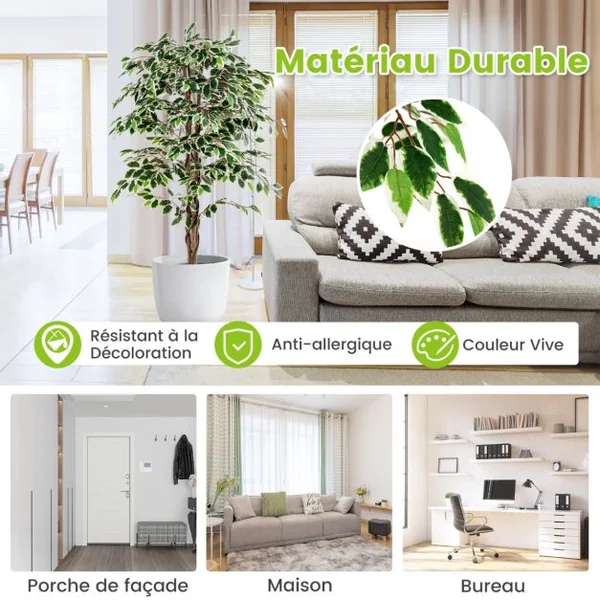 Ficus Artificiel de 160 Cm Grande Plante D'Intérieur avec 1008 Feuilles Tronc en Bois Naturel Pot Rempli de Ciment Mousse Séchée Faux Arbre Décoratif Vert