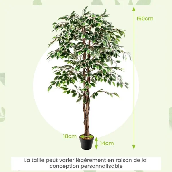 Ficus Artificiel de 160 Cm Grande Plante D'Intérieur avec 1008 Feuilles Tronc en Bois Naturel Pot Rempli de Ciment Mousse Séchée Faux Arbre Décoratif Vert