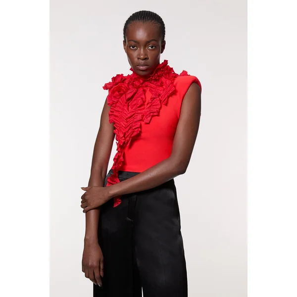 Figure Form Bandage Knit Woven Rosette Detail Top