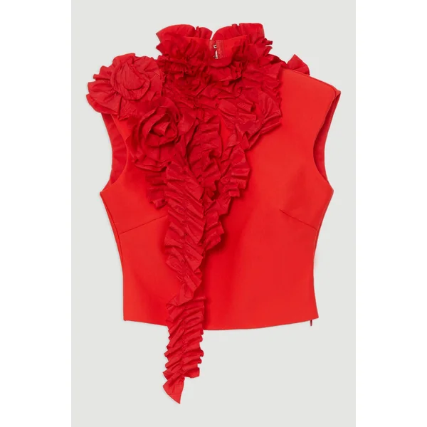 Figure Form Bandage Knit Woven Rosette Detail Top