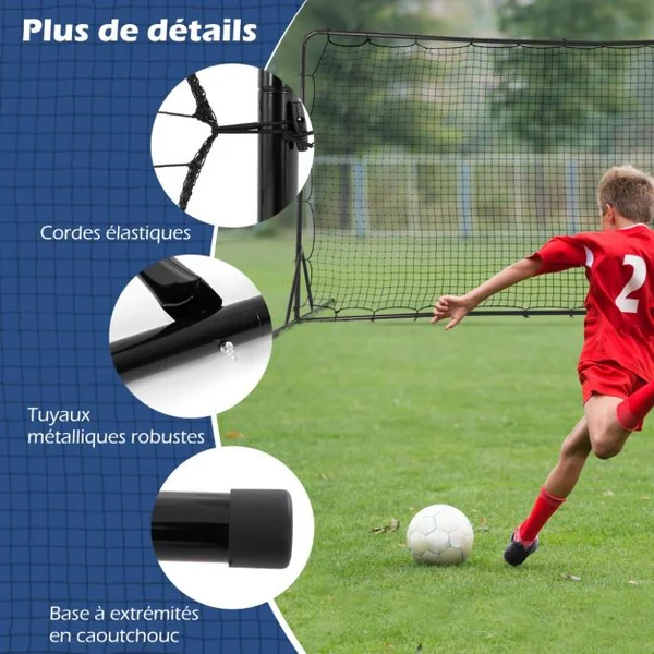 Filet de Rebond de Football 372,5x182,5cm Equipement de Football Filet Toutes Saisons Sac de Transport 6 Piquets de Sol Noir/Blanc