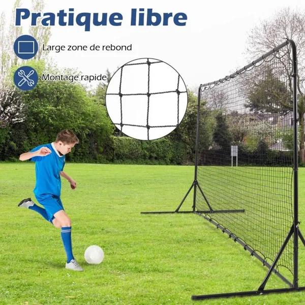 Filet de Rebond de Football 372,5x182,5cm Equipement de Football Filet Toutes Saisons Sac de Transport 6 Piquets de Sol Noir/Blanc