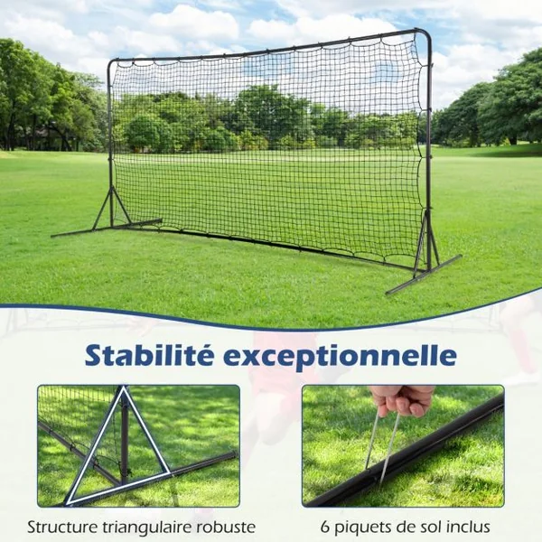 Filet de Rebond de Football 372,5x182,5cm Equipement de Football Filet Toutes Saisons Sac de Transport 6 Piquets de Sol Noir/Blanc