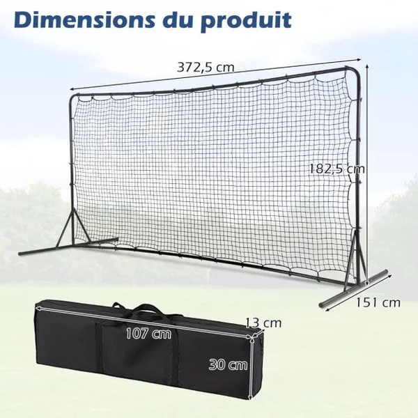 Filet de Rebond de Football 372,5x182,5cm Equipement de Football Filet Toutes Saisons Sac de Transport 6 Piquets de Sol Noir/Blanc