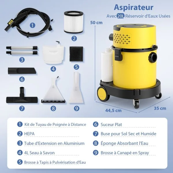 Filtre HEPA de Haute Qualité Portable avec Aspiration 1200W et 17 KPA Shampouineuse avec 9 Accessoires&Fonctionnement de la Télécommande