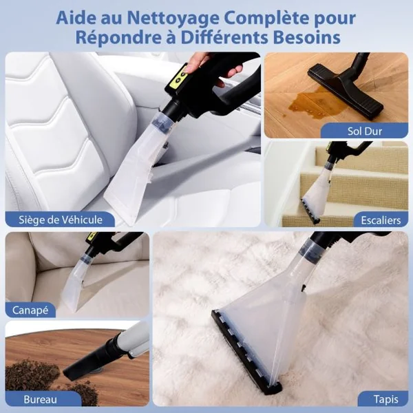 Filtre HEPA de Haute Qualité Portable avec Aspiration 1200W et 17 KPA Shampouineuse avec 9 Accessoires&Fonctionnement de la Télécommande