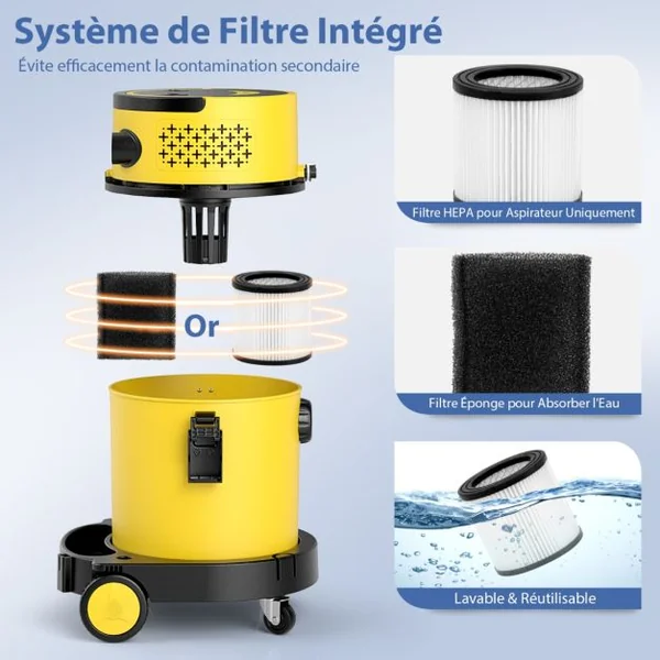 Filtre HEPA de Haute Qualité Portable avec Aspiration 1200W et 17 KPA Shampouineuse avec 9 Accessoires&Fonctionnement de la Télécommande