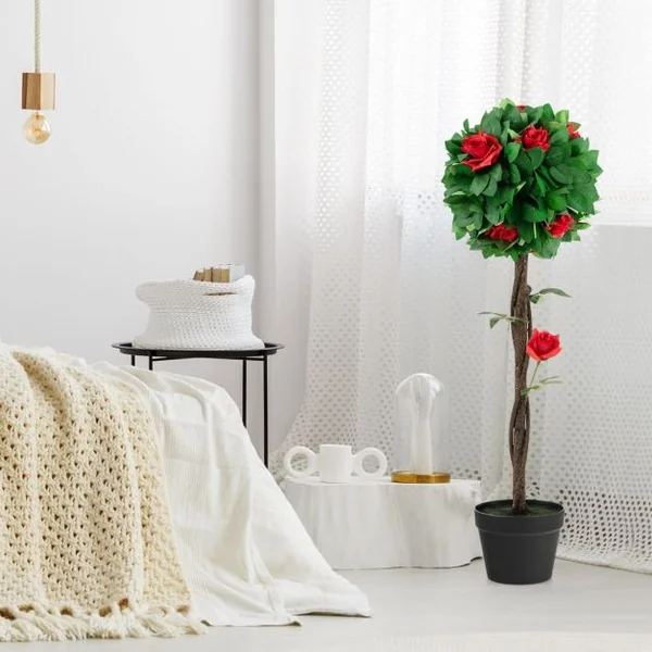 Fleur Artificielle Camélia 12 Têtes Fausse Fleurs Rouges Glorieuses 180 Feuilles avec Pot Déco de Maison Nuptiale de Noce
