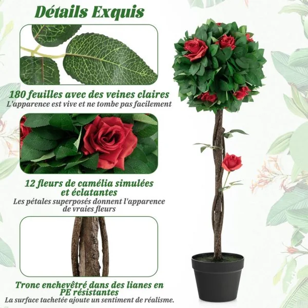 Fleur Artificielle Camélia 12 Têtes Fausse Fleurs Rouges Glorieuses 180 Feuilles avec Pot Déco de Maison Nuptiale de Noce